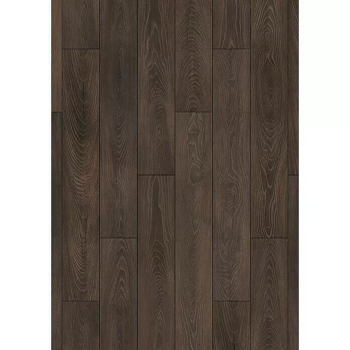 Krono Original Laminat Atlantic 10 - Espresso Carpenter Oak, Landhausdiele, 1.288 x 195 x 10 mm - Dunkelbrauner Holzboden mit sichtbarer Maserung und versetztem Dielenmuster.