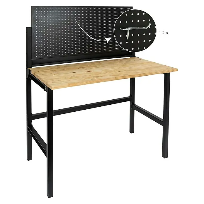Werkbank Klappbar - L x B: 64,6 x 121,5 cm, Arbeitshöhe: 142 cm, Belastbarkeit: 150 kg - Werkbank mit Lochplatte und Haken für Werkzeuge, ideal für Werkstätten und Hobbyräume zur Organisation.