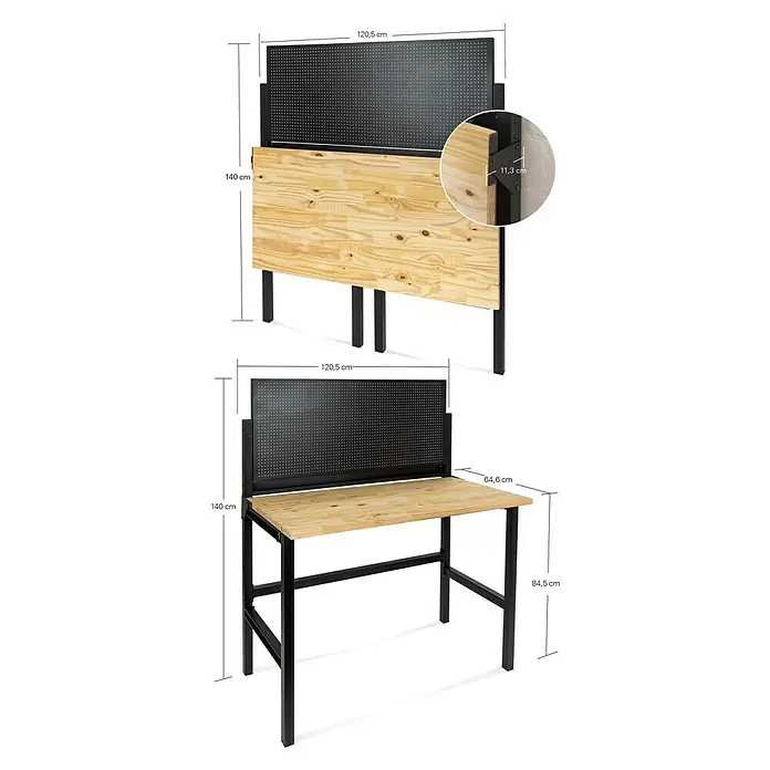 Werkbank Klappbar - L x B: 64,6 x 121,5 cm, Arbeitshöhe: 142 cm, Belastbarkeit: 150 kg - Abbildung eines Schreibtisches mit Maßen, der eine moderne Arbeitsumgebung mit einer Platte aus hellem Holz und einem schwarzen, perforierten Rückenteil zeigt.
