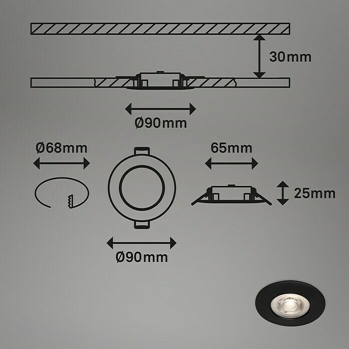 Briloner Led-inbouwspotset (Zwart, 3 st., Warm wit) | BAUHAUS