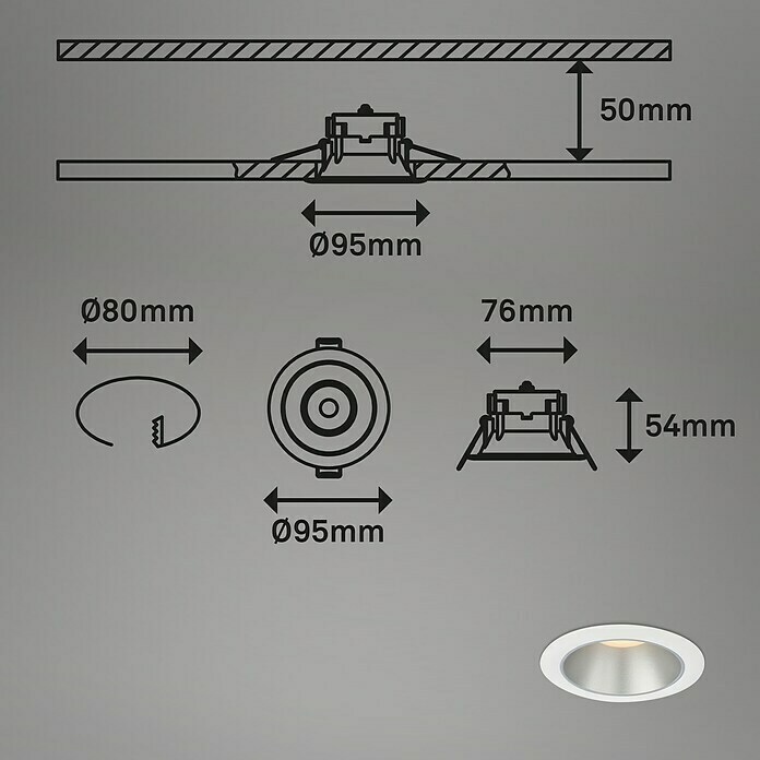 Briloner Led-inbouwspotset (Ø x h: 95 x 54 mm, Wit/Zilver) | BAUHAUS
