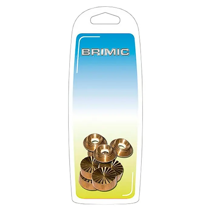 Micel Brimic Embellecedor facetado - Latón, Diámetro exterior: 12 mm - Primer plano de un paquete Brimic con boquillas doradas. Ideal para pulverización precisa y aplicaciones detalladas.