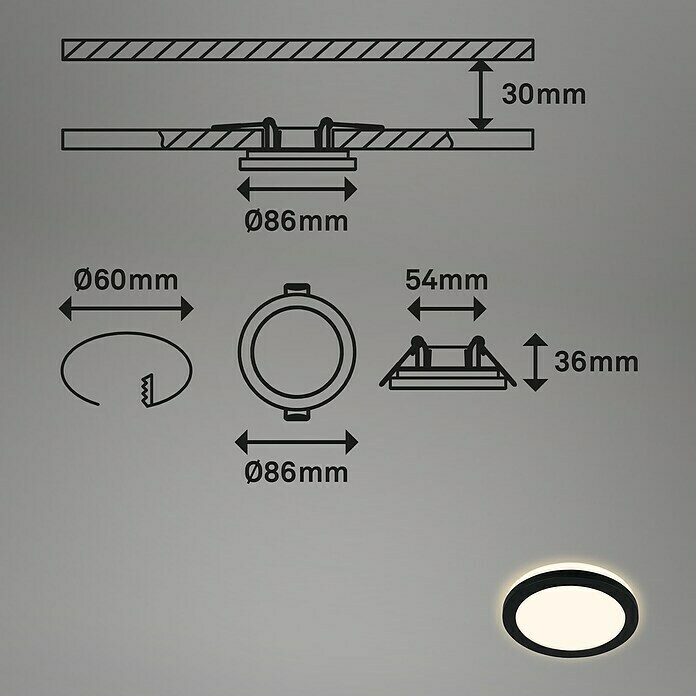 Briloner Led-inbouwspotset (Ø x h: 84 cm x 36,5 mm, Zwart, 3 st., Warm wit) | BAUHAUS