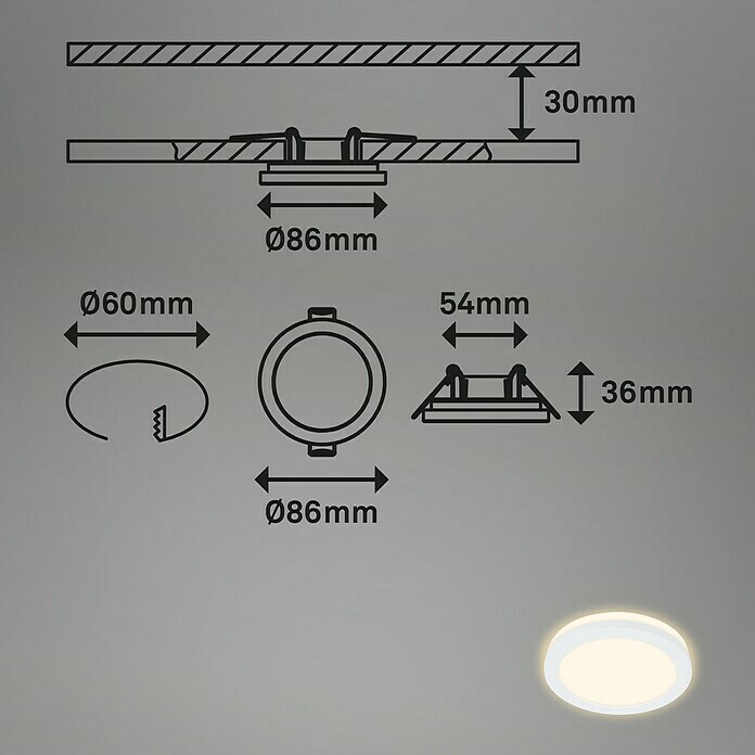 Briloner Led-inbouwspotset (Ø x h: 84 cm x 36,5 mm, Wit, 3 st., Warm wit) | BAUHAUS
