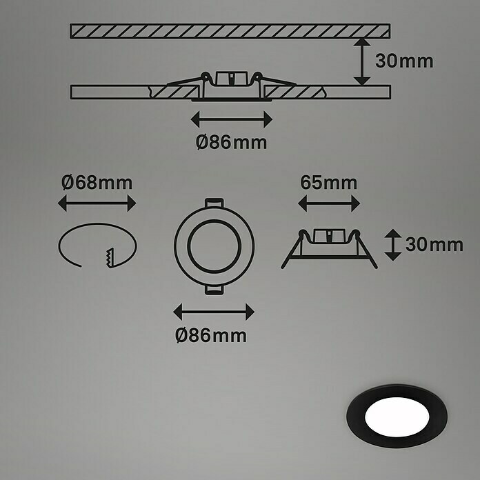 Briloner Led-inbouwspotset (Ø x h: 86 cm x 30 mm, Zwart, 3 st., Neutraal wit) | BAUHAUS