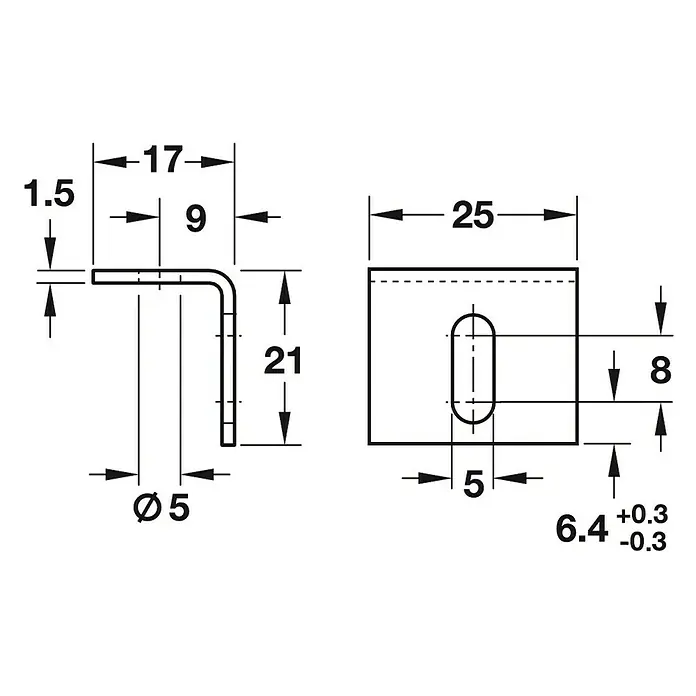 Suki Escuadra roscada con orificio ranurado - L x An x Al: 17 x 25 x 21 mm, Acero, 1 ud. - Dibujo técnico de un soporte angular en forma de L con dimensiones y una placa de montaje rectangular.