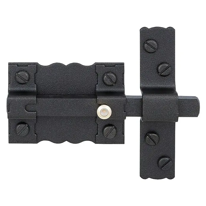 FAC Cerrojo 300-P/87 Negro mate - L x An x Al: 87 x 117 x 26 mm - Primer plano de un cerrojo de corredera decorativo negro, que muestra tornillos visibles y un pequeño mecanismo de bloqueo redondo.