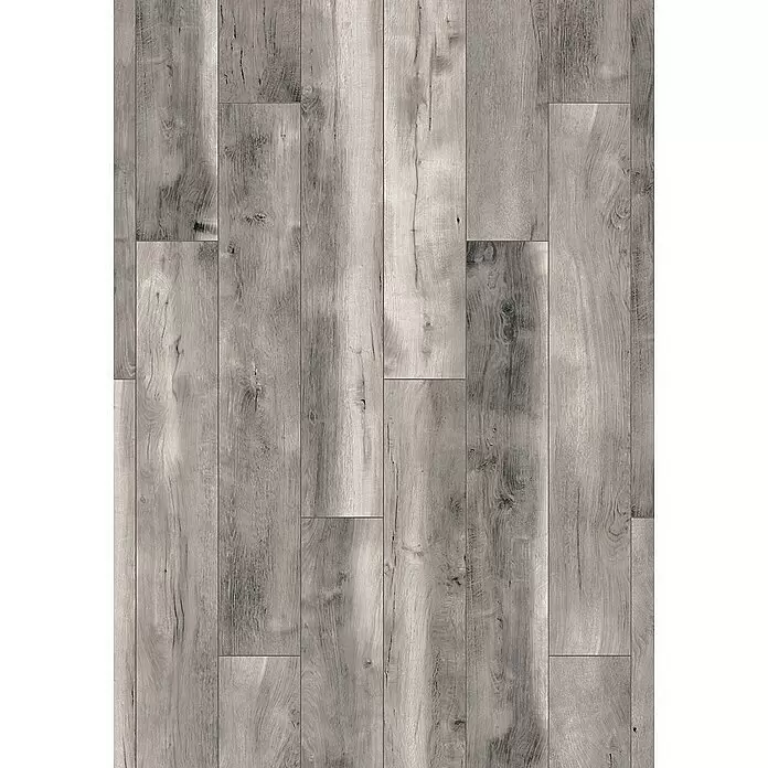 Krono Original Laminat Atlantic 10 - Blackwater Oak, Landhausdiele, 1.288 x 195 x 10 mm - Graubrauner Holzboden mit rustikaler Textur, bestehend aus einzelnen Dielen und Maserungen.