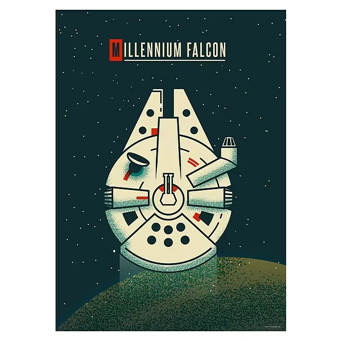 Komar Star Wars Poster - Star Wars - Geeky Millennium Falcon, B x H: 30 x 40 cm - Stilisierte Illustration des Millennium Falken, cremefarben mit roten und türkisen Details, im Weltraum über einem grünen Planeten fliegend.