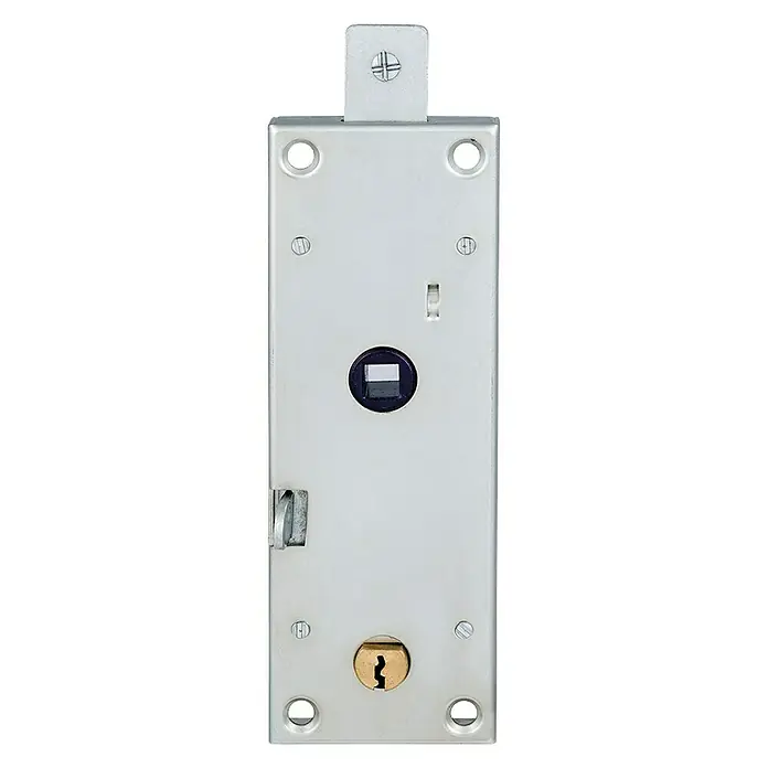 FAC Cerradura para persianas 35101 - L x An x Al: 210 x 60 x 30 mm, Bloqueo - Una imagen detallada de una cerradura de embutir plateada, que muestra sus detalles mecánicos y la construcción.