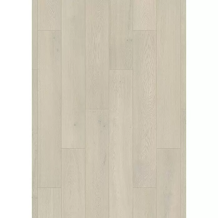 Krono Original Laminat Atlantic 10 - Alpaca Ethereal Oak, Landhausdiele, 1.288 x 195 x 10 mm - Helle, hellgraue Holzfussbodenbretter mit sichtbarer Maserung.