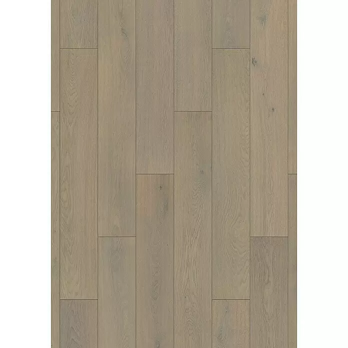 Krono Original Laminat Atlantic 10 - Copper Ethereal Oak, Landhausdiele, 1.288 x 195 x 10 mm - Hellbraunes und graues Holzboden mit natürlicher Maserung, in einem versetzten Dielenmuster angeordnet.