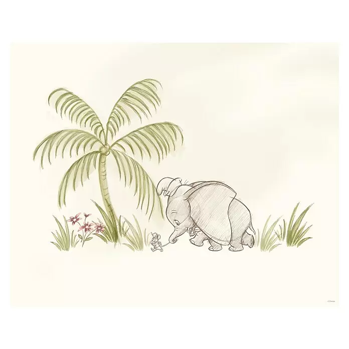 Komar Dumbo Poster - Follow me Dumbo!, B x H: 50 x 40 cm - Bleistiftskizze von Dumbo und Timothy Q. Mouse unter einer Palme. Dumbo zieht Timothy sanft mit seinem Rüssel zwischen Gras und Blumen.