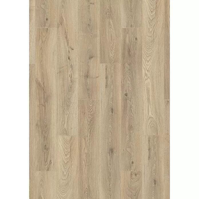 Krono Original Laminat Organic Clever - Ashland Oak, Landhausdiele, 1.288 x 195 x 6 mm - Hellbrauner Laminatboden in Holzoptik mit natürlicher Maserung und Ästen, in versetzten Dielen verlegt.