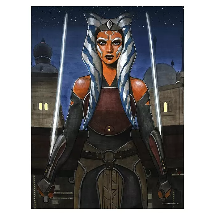 Komar Star Wars Poster - Star Wars - Ahsoka, B x H: 30 x 40 cm - Ahsoka Tano steht mit zwei weißen Lichtschwertern vor einer sternenklaren Stadtsilhouette.
