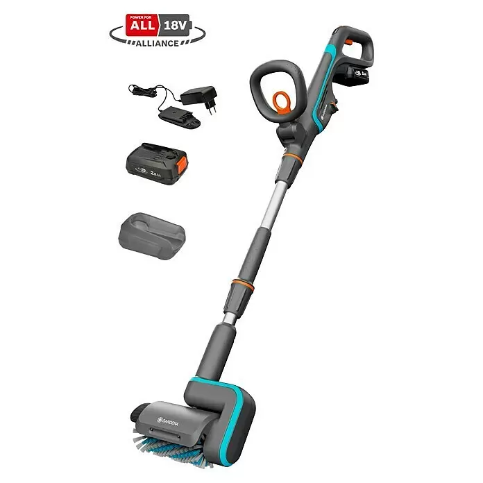 Gardena Power for All 18V Cepillo de limpieza de batería AquaBrush Patio 03/18V - 18 V, 1 batería, Iones de litio - Set limpiador eléctrico de terraza Gardena: dispositivo inalámbrico gris y azul con cepillos, batería, cargador y tapa.