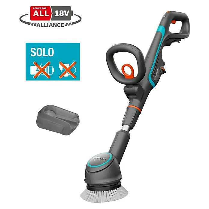 Gardena Power for All 18V Akku-Reinigungsbürste AquaBrush Compact 02/18V - Ohne Akku - Abbildung eines Gardena Akku-Fugenbürste EasyBrush – ein Werkzeug für die Fugenreinigung im Außenbereich.