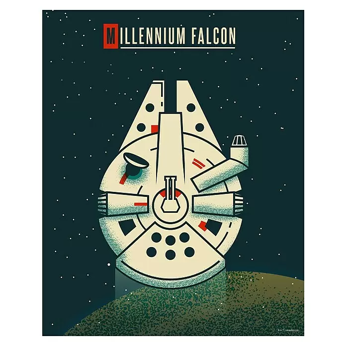 Komar Star Wars Poster - Star Wars - Geeky Millennium Falcon, B x H: 40 x 50 cm - Stilisierte Illustration des Millennium Falken, cremefarben mit roten & tealfarbenen Details, über einem grünen Planeten im sternenklaren Weltraum.