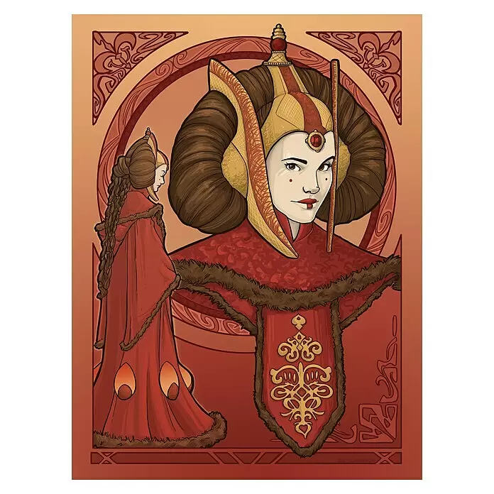 Komar Star Wars Poster - Star Wars - Queen Padmé Amidala, B x H: 30 x 40 cm - Jugendstil-Illustration von Königin Amidala in roten Gewändern und aufwendigem Kopfschmuck. Großes Frontalporträt mit kleinerer Seitenansicht.