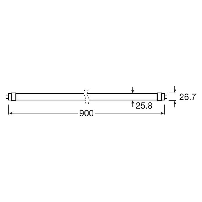 Osram LED-Röhre LED TUBE T8 EM - Länge: 90,8 cm, Kaltweiß, 10 W, 1.200 lm, G13 - Schema einer Leuchtstoffröhre mit den Maßen 900 mm Länge und 26,7 mm Durchmesser.