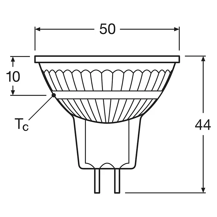 Osram LED-Leuchtmittel Base MR16 - 6,5 W, 621 lm - Eine schematische Darstellung einer Lampe mit Maßangaben (50, 10, 44) zur Veranschaulichung der Abmessungen und Details.