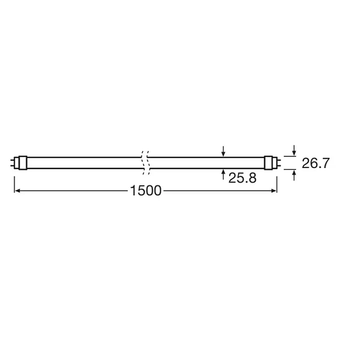 Osram LED-Röhre Biolux - Länge: 150 cm, Tageslichtweiß, 18,3 W, G13 - Abbildung einer Leuchtstoffröhre mit Maßangaben. Die Gesamtlänge beträgt 1500 mm, der Durchmesser 25.8 mm und das Endstück 26.7 mm.