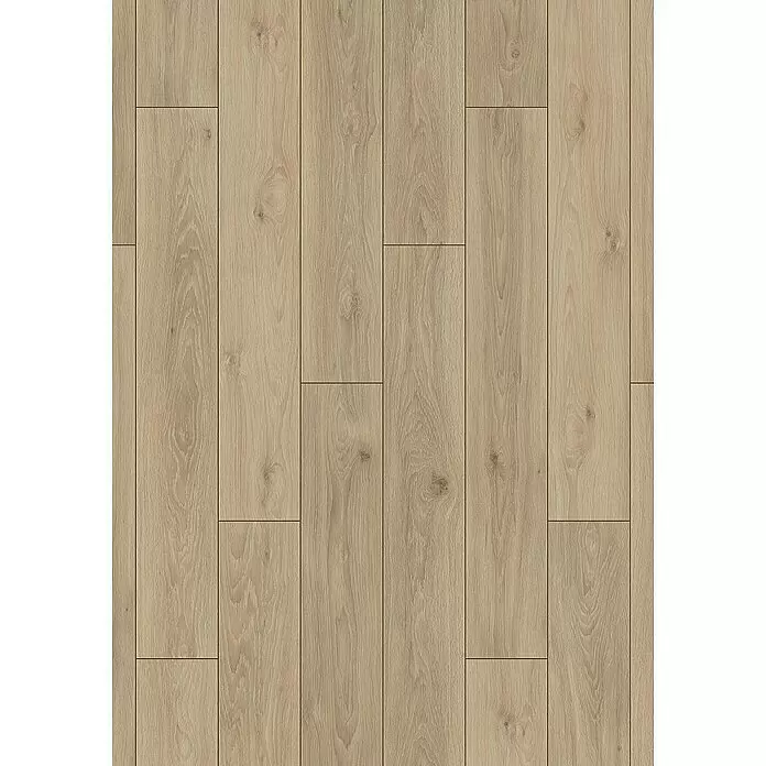 Krono Original Laminat Super Natural - Wheat Pistachio Oak, Landhausdiele, 1.288 x 195 x 8 mm - Helle Eichenholz-Bodenpaneele in versetztem Muster.