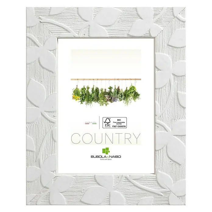 Bubola & Naibo Marco de fotos Design - 13 x 18 cm, Blanco, Vidrio - Marco de fotos blanco "Country" con motivo de hojas, ideal para decoración de pared de estilo italiano, fabricado con fuentes responsables.