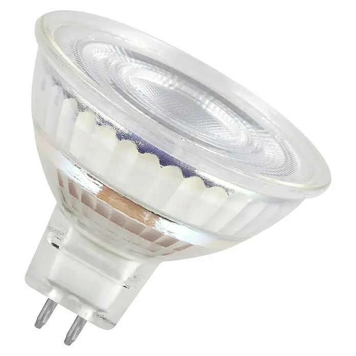 Osram LED-Leuchtmittel Base MR16 - 6,5 W, 621 lm - Nahaufnahme einer MR16 LED Lampe mit klarem Glas, die ihre moderne Bauweise und Energieeffizienz hervorhebt.