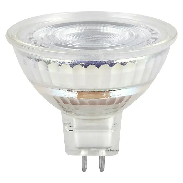 Osram LED-Leuchtmittel Base MR16 - 6,5 W, 621 lm - Nahaufnahme einer MR16-LED-Lampe mit klarem Gehäuse und zwei Stiften, ideal für Akzentbeleuchtung.