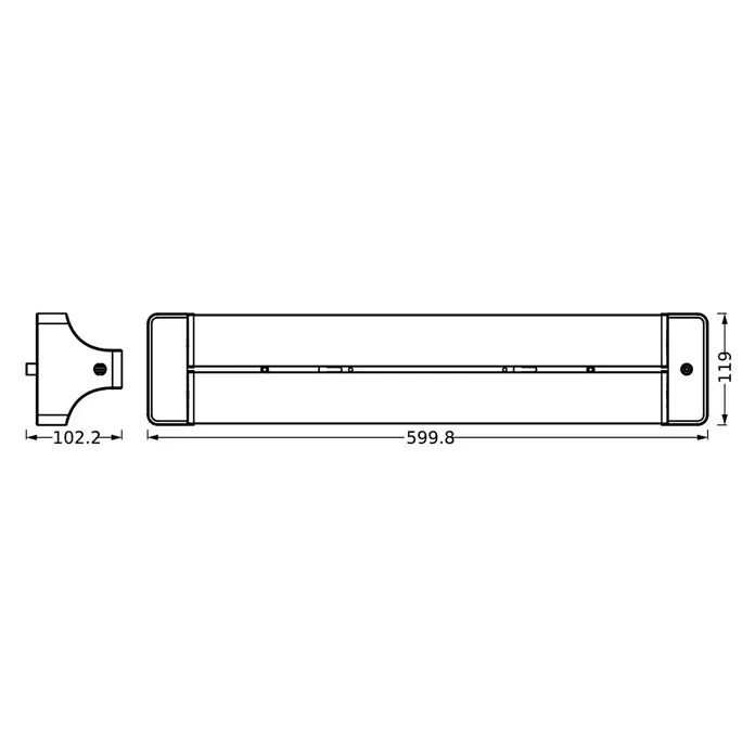 Ledvance LED-Deckenleuchte Office Line Doublerot - 24 W, L x B x H: 59,98 x 11,9 x 10,22 cm, Schwarz, Kaltweiß - Technische Zeichnung eines Türdrückers mit Maßangaben. Präzise Darstellung der Abmessungen für Montage und Design.