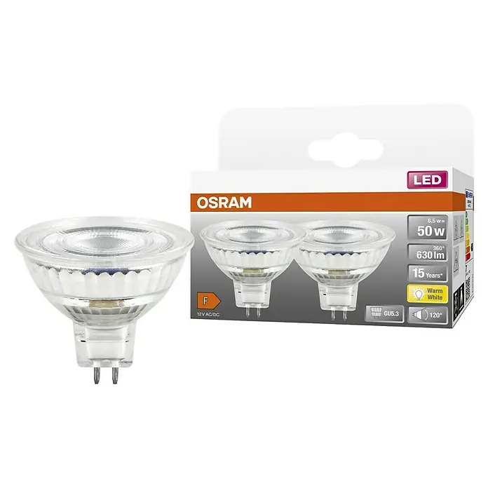 Osram Star LED-Lampen Set MR16 - 6,5 W, 630 lm, 2 Stk. - Nahaufnahme einer Osram LED Lampe, die Energieeffizienz, Langlebigkeit und warmweißes Licht vereint. Ideal für stimmungsvolle Beleuchtung.