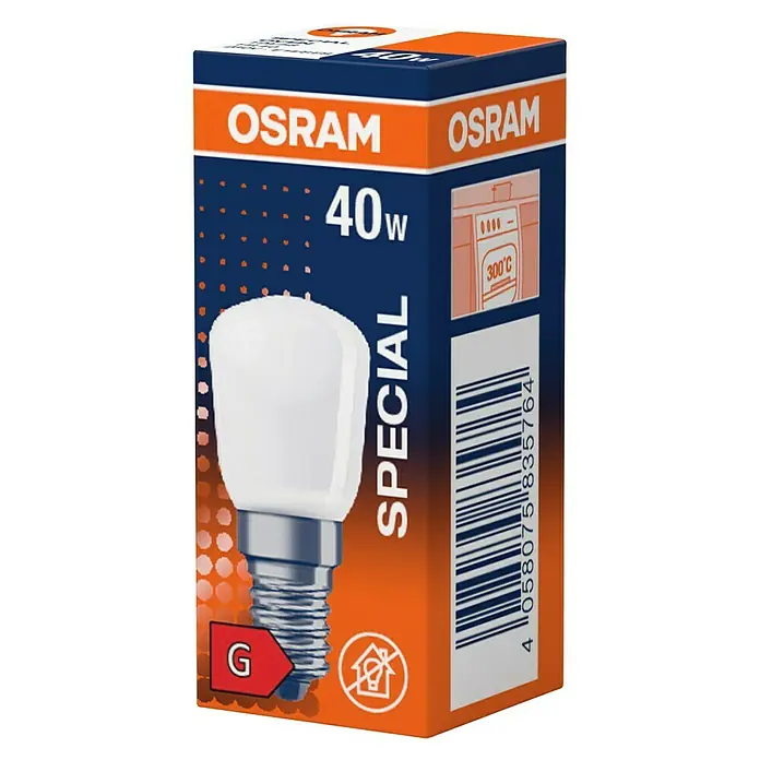 Osram Backofenlampe SPECIAL OVEN T - E14, Dimmbar, Warmweiß, 300 lm, 40 W, Matt - Eine Nahaufnahme einer Osram Speziallampe mit 40W, ideal für spezielle Anwendungen und Backöfen bis 300°C.