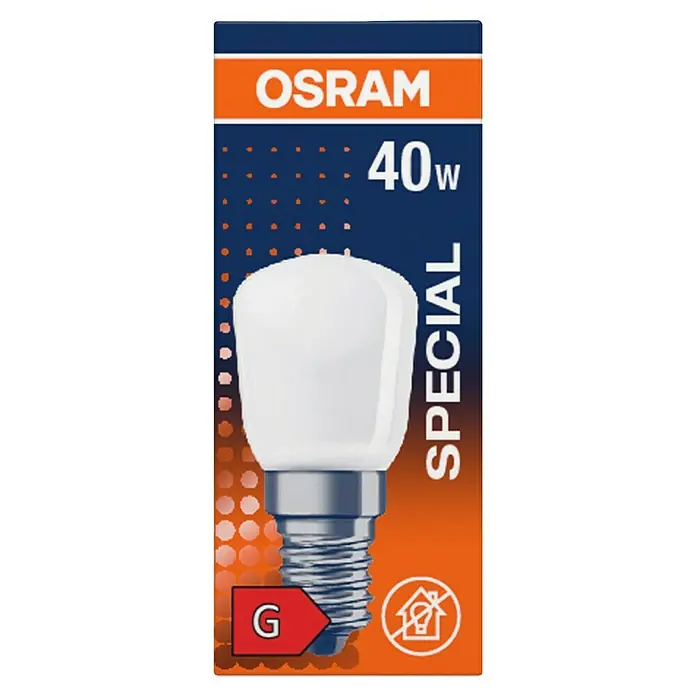 Osram Backofenlampe SPECIAL OVEN T - E14, Dimmbar, Warmweiß, 300 lm, 40 W, Matt - Abbildung einer Osram Spezial 40W Glühbirne, die Energieeffizienzklasse G für den Hausgebrauch bietet und in einer Schutzverpackung geliefert wird.