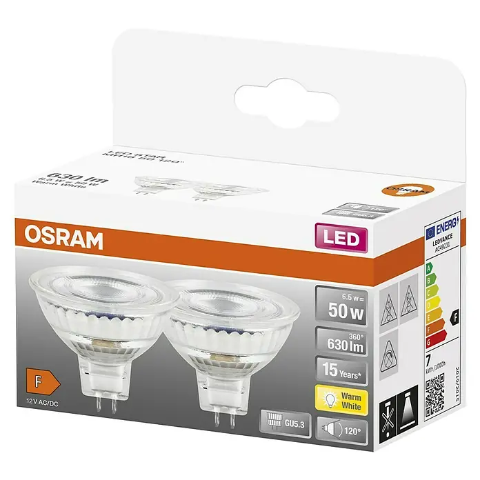 Osram Star LED-Lampen Set MR16 - 6,5 W, 630 lm, 2 Stk. - Verpackung einer OSRAM LED-Lampe MR16 GU5.3 6.5W, die warmweißes Licht mit 630 Lumen und einer Lebensdauer von 15 Jahren bietet.