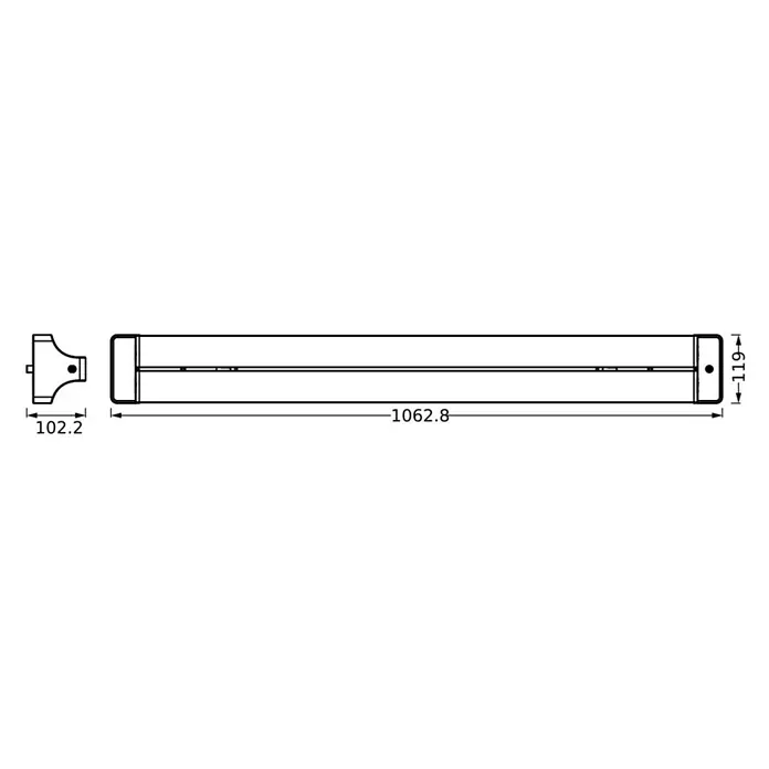 Ledvance LED-Deckenleuchte Office Line Doublerot - 42 W, L x B x H: 106,28 x 11,9 x 10,22 cm, Schwarz, Kaltweiß - Abbildung eines linearen LED-Leuchtenkörpers mit Maßangaben. Er zeigt die Abmessungen des LED-Leuchtenkörpers und seine Details.