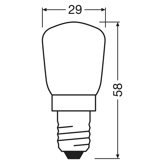 Osram Backofenlampe SPECIAL OVEN T - E14, Dimmbar, Warmweiß, 300 lm, 40 W, Sonstiges - Schema einer Glühbirne mit Größenangaben. Die Glühbirne ist 58 mm hoch und 29 mm breit und wird hauptsächlich für Beleuchtungszwecke verwendet.