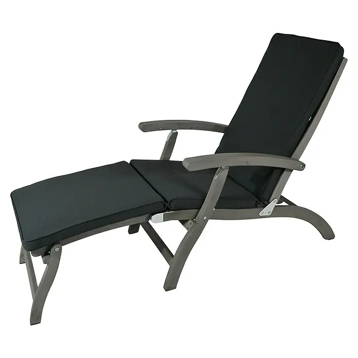 Garten-Liegestuhl Deckchair - Grey Washed, Akazie, Rückenlehne verstellbar - Entspannen Sie stilvoll mit dieser grauen Gartenliege mit bequemen, schwarzen Polstern. Perfekt für sonnige Tage im Garten.