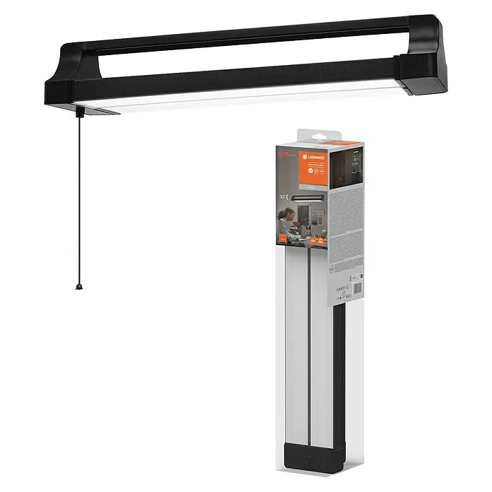 Ledvance LED-Deckenleuchte Office Line Doublerot - 24 W, L x B x H: 59,98 x 11,9 x 10,22 cm, Schwarz, Kaltweiß - Das Bild zeigt eine LED-Unterbauleuchte mit Zugschalter sowie die Verpackung, die das Produkt bewirbt. Diese Leuchte bietet helle Beleuchtung.