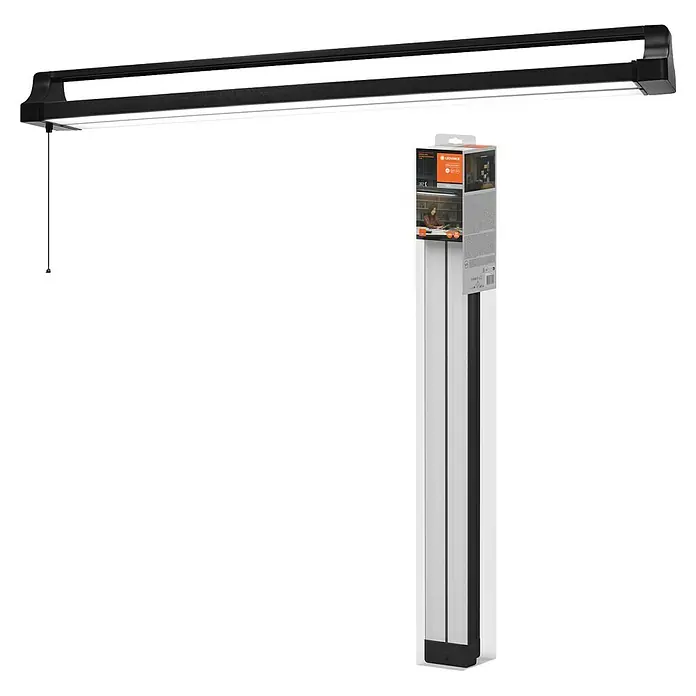 Ledvance LED-Deckenleuchte Office Line Doublerot - 42 W, L x B x H: 106,28 x 11,9 x 10,22 cm, Schwarz, Kaltweiß - Eine LED-Unterbauleuchte in Schwarz, sowohl in Betrieb als auch verpackt, bietet effiziente Beleuchtung für Arbeitsbereiche.