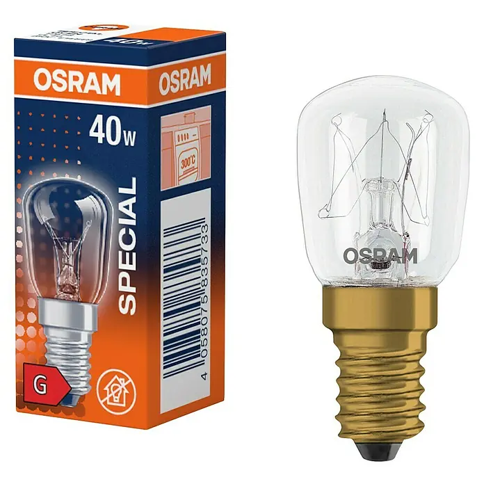 Osram Backofenlampe SPECIAL OVEN T - E14, Dimmbar, Warmweiß, 300 lm, 40 W, Sonstiges - Osram Speziallampe 40W mit E14 Sockel für Backöfen und andere spezielle Anwendungen mit hoher Hitzebeständigkeit, abgebildet mit der Produktverpackung.