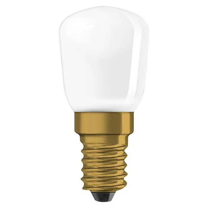 Osram Backofenlampe SPECIAL OVEN T - E14, Dimmbar, Warmweiß, 300 lm, 40 W, Matt - Nahaufnahme einer E14 LED Lampe mit Milchglasoberfläche und goldenem Sockel auf schwarzem Hintergrund.
