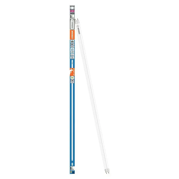 Osram LED-Röhre Biolux - Länge: 90 cm, Tageslichtweiß, G13 - Eine Osram LED-Röhre mit Verpackung. Die Röhre ist weiß und länglich, mit Stiften an beiden Enden für den Anschluss.