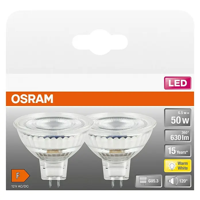 Osram Star LED-Lampen Set MR16 - 6,5 W, 630 lm, 2 Stk. - Nahaufnahme der LED-Lampe Osram, 6,5 W Leistung, warmweißes Licht, GU5.3-Sockel, Energieeffizienzklasse F, 12V AC/DC.