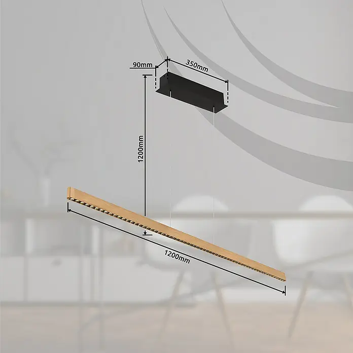 Globo LED-Pendelleuchte Dentsy - 43 W, Neutralweiß, Kupfer, L x B x H: 120 x 9 x 120 cm - Produktbild einer modernen Hängelampe in Holzoptik mit Maßen für Design und Raumplanung.