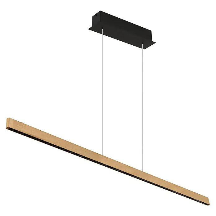 Globo LED-Pendelleuchte Dentsy - 43 W, Neutralweiß, Kupfer, L x B x H: 120 x 9 x 120 cm - Eine hölzerne LED-Hängeleuchte mit schwarzer Deckenhalterung und zwei weißen Aufhängungskabeln, die ein modernes Design ausstrahlt.
