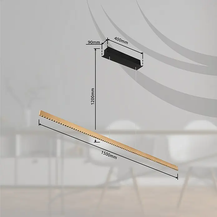Globo LED-Pendelleuchte Dentsy - 53 W, Neutralweiß, Kupfer, L x B x H: 150 x 9 x 120 cm - Abbildung einer linearen LED-Pendelleuchte mit Abmessungen. Schlankes Design mit Holzoberfläche und schwarzen Aufhängungsdetails.