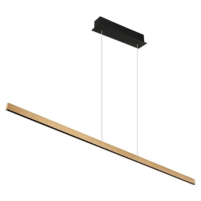 Globo LED-Pendelleuchte Dentsy - 53 W, Neutralweiß, Kupfer, L x B x H: 150 x 9 x 120 cm - Moderne Hängeleuchte mit einem länglichen, holzfarbenen Lampenkörper und schwarzer Deckenhalterung.