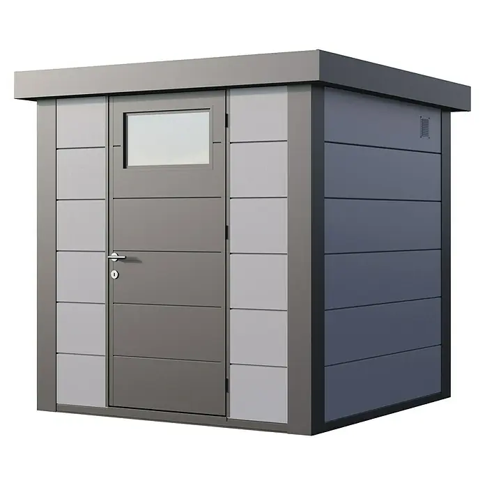 Telluria Metallgerätehaus Classico 2121 inkl. Elektro-Set - Außenmaß inkl. Dachüberstand (B x T): 228 x 228 cm, Lichtgrau/Anthrazit, Stahl, Inkl. Innenwandverkleidung & Elektro-Set - Moderne Gartenhütte in Grau mit Fenster und Tür. Ideal zur Aufbewahrung von Gartengeräten und Werkzeugen im Außenbereich.