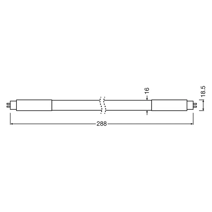 Osram LED-Röhre LED TUBE T5 HF SHORT - Länge: 30,2 cm, Warmweiß, 4 W, 380 lm, G5 - Schema einer UV-Sterilisationslampe mit den Maßen 288 mm (Gesamtlänge), 16 mm (Lampenkörper) und 18,5 mm (Sockel).